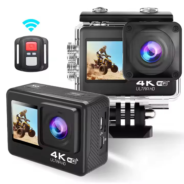 كاميرا أكشن فائقة الوضوح 4K مقاومة للماء مع شاشة مزدوجة، عدسة بزاوية واسعة 170 درجة، مستشعر سوني IMX179، واي فاي، دعم بطاقة TF ووضع تصوير بدقة 20 ميجابكسل