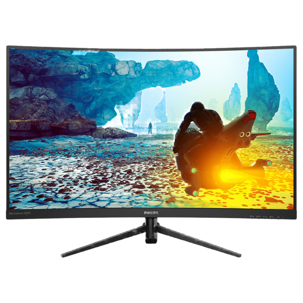 Monitor displaying a scenic image of a person sitting by a lake with mountains, on a white background.