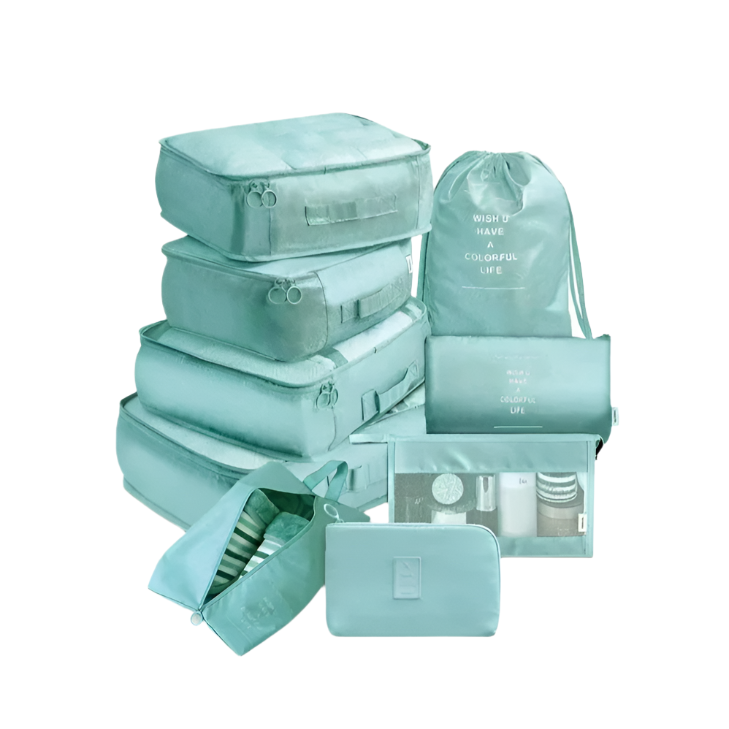 9 Pc Set Travel Compact Packing Organizers W/ Electronic & Cosmetic Bag For Luggage - Shiny Blue