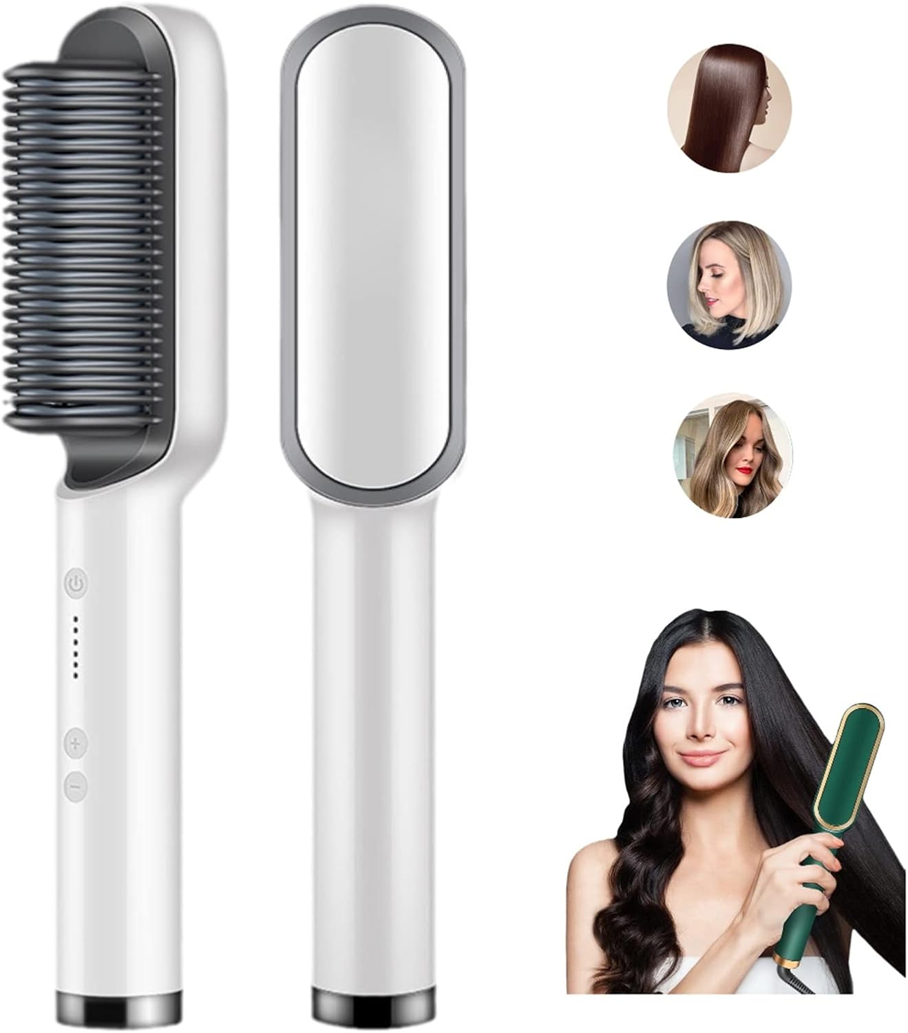 Hair Straightener Styling Comb with 5 Temp, 2 in 1 Brush and Curler, Portable Electric Straightening Heated 10s Fast Heating Anti-Scald