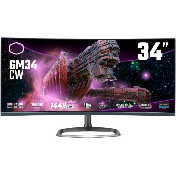 شاشة ألعاب كولر ماستر GM34-CW2، 34 بوصة، UWQHD، 144 هرتز - أسود