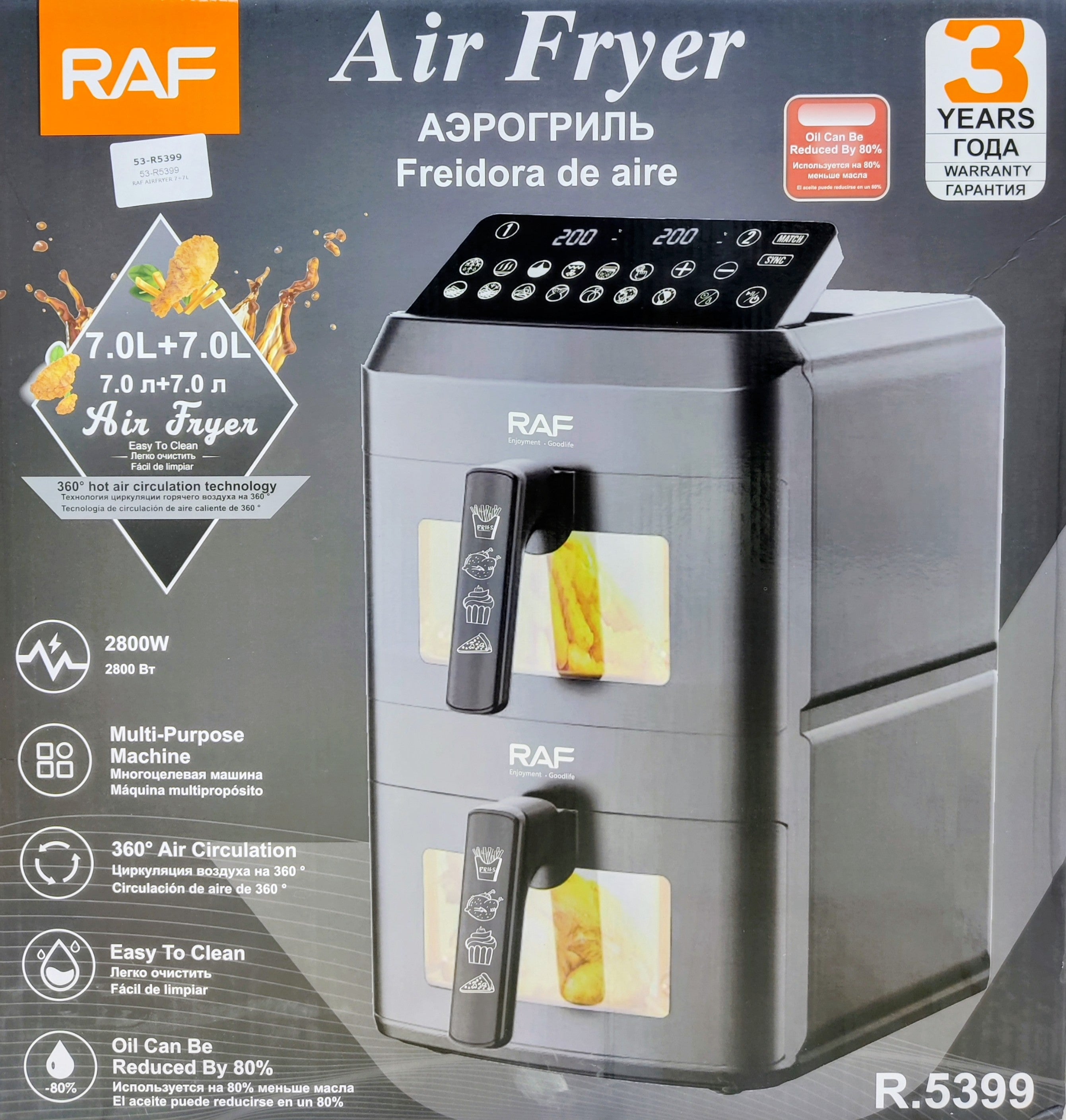 RAF Dual Basket Air Fryer 7L+7L 2800W with LED Display, 360° Hot Air Circulation, Multi-Purpose Healthy Oil-Free Cooking Machine with Timer & Temperature Control