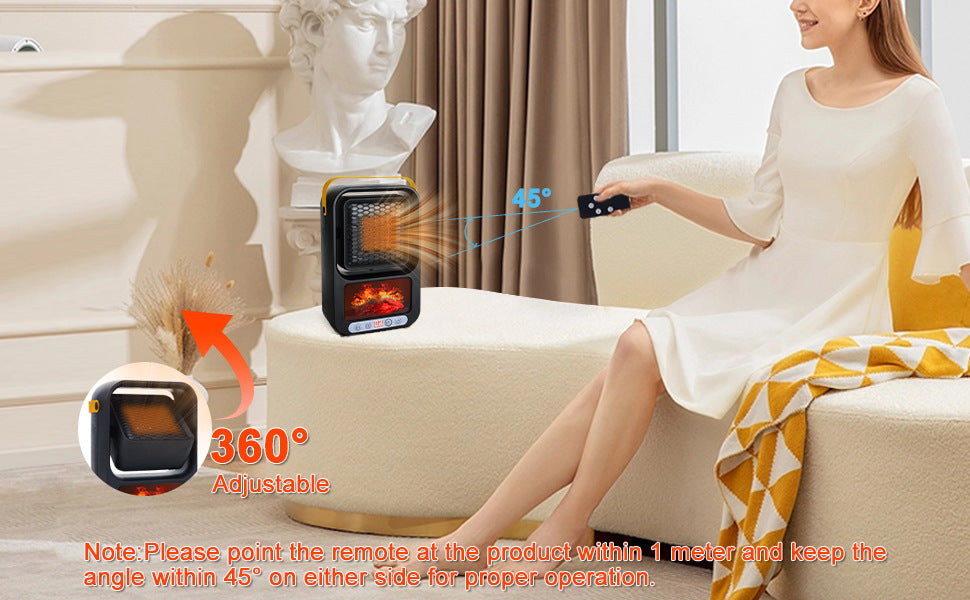 Mini Electric Fan Heater with Remote Control & Flame Lighting Effect