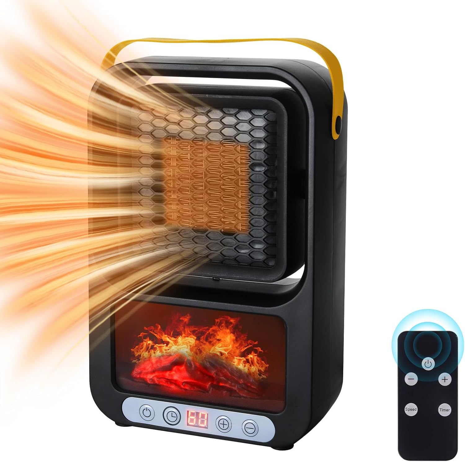 Mini Electric Fan Heater with Remote Control & Flame Lighting Effect