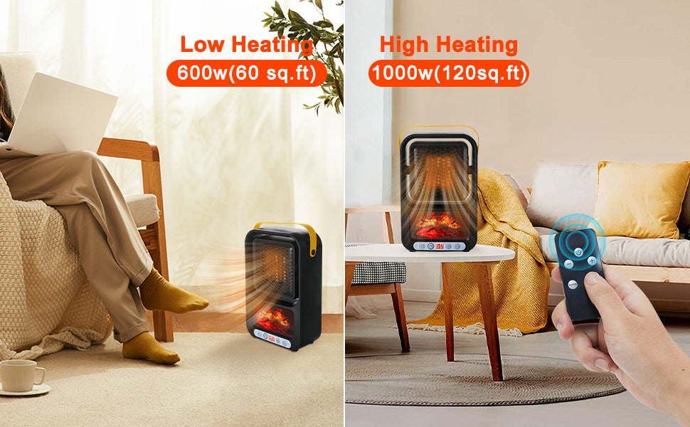 Mini Electric Fan Heater with Remote Control & Flame Lighting Effect