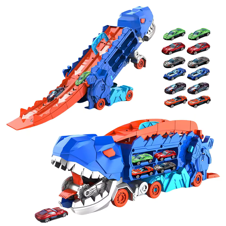 Dinosaur transport truck with 6 metal cars