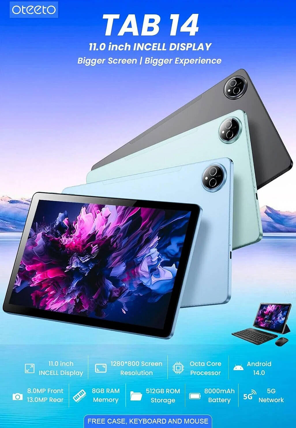 تابلت أوتيتو تاب 14 5G، شاشة 11 بوصة، ذاكرة وصول عشوائي (RAM) سعة 8 جيجابايت، سعة تخزين 512 جيجابايت