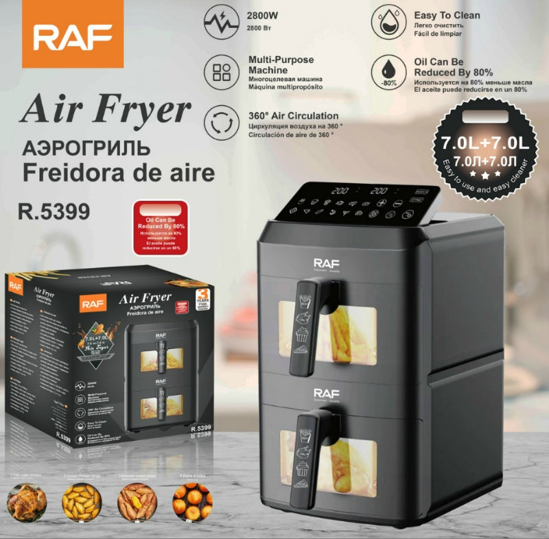 RAF Dual Basket Air Fryer 7L+7L 2800W with LED Display, 360° Hot Air Circulation, Multi-Purpose Healthy Oil-Free Cooking Machine with Timer & Temperature Control